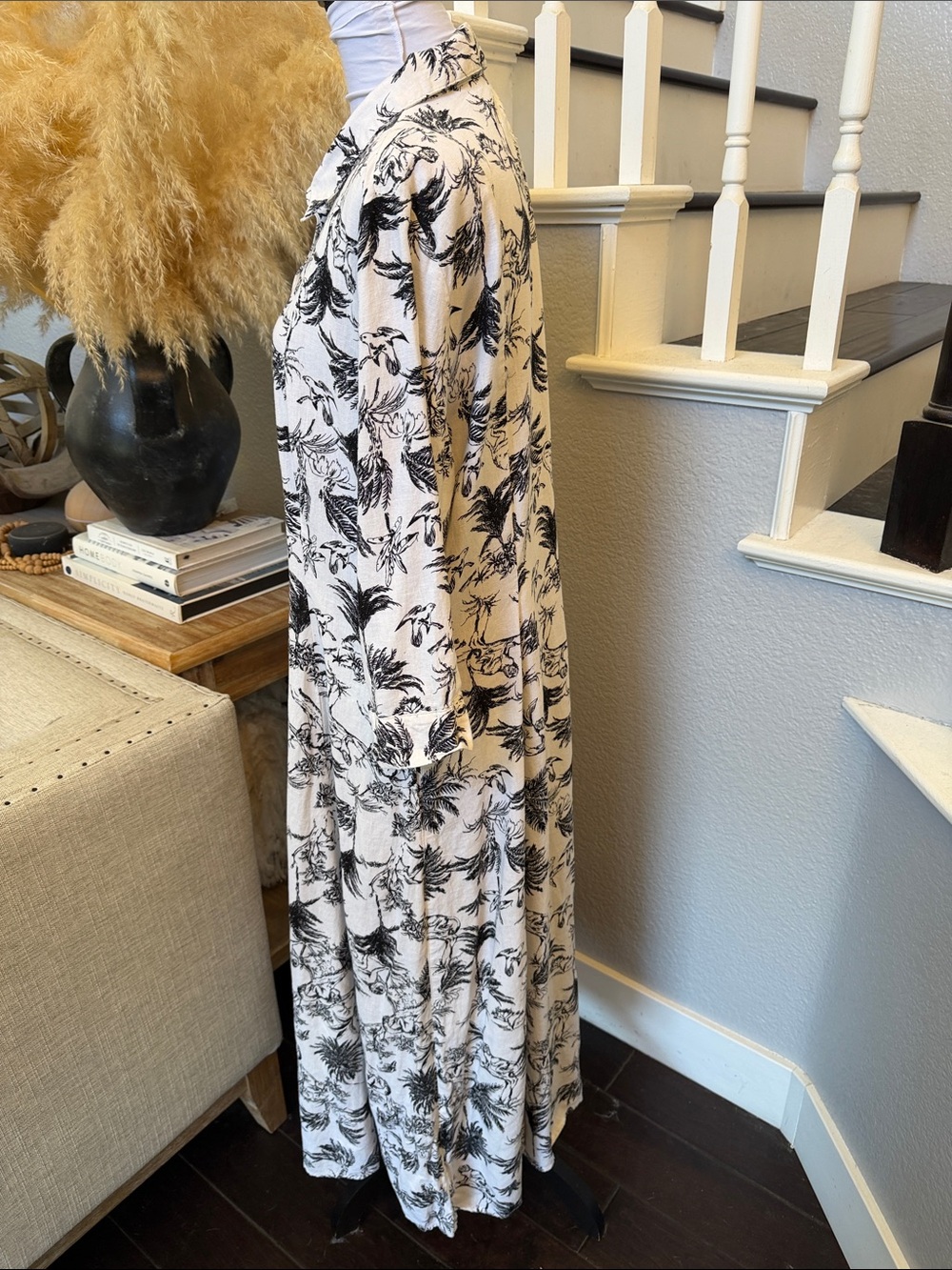 Joie Linen Blend Safari Jungle Tropical Print Shirt Maxi Dress 3/4 Sleeve XL - Picture 3 of 8